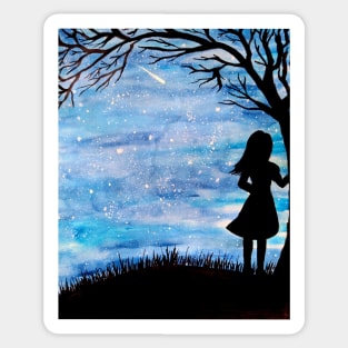 Girl silhouette stargazing watercolor sky Sticker